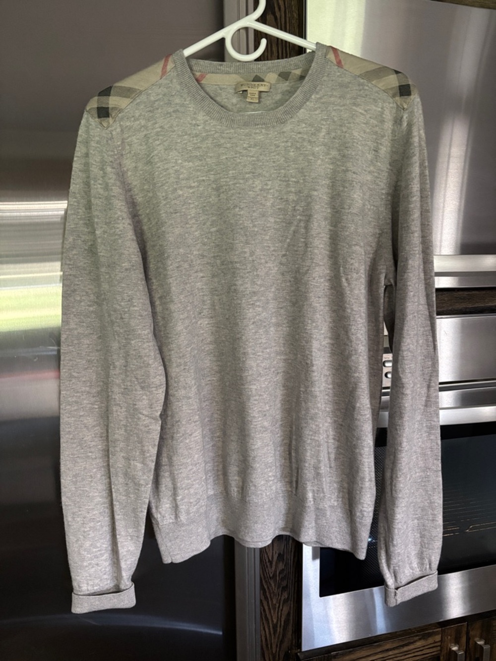 Burberry Light Grey Crewneck Sweater with Signature Plaid Shoulder